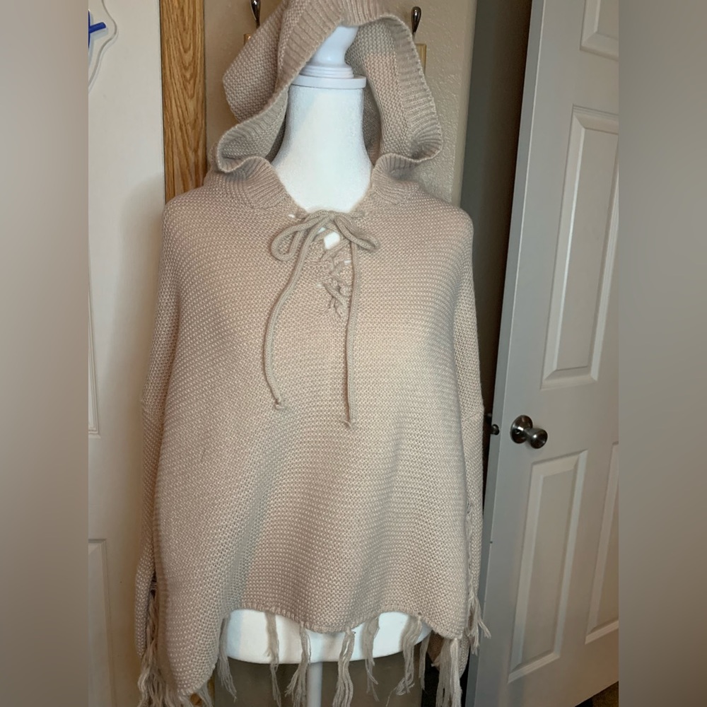 Khaki tassel trim drawstring hooded sweater NWT